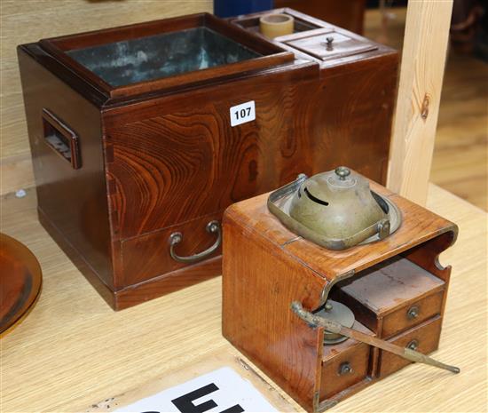 A Japanese elm hibachi and a portable smoking set width 39cm height 26cm (2)